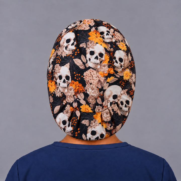 Back view of the autumn skull euro cap, showing the oval crown panel and evenly pleated elastic band that covers the nape