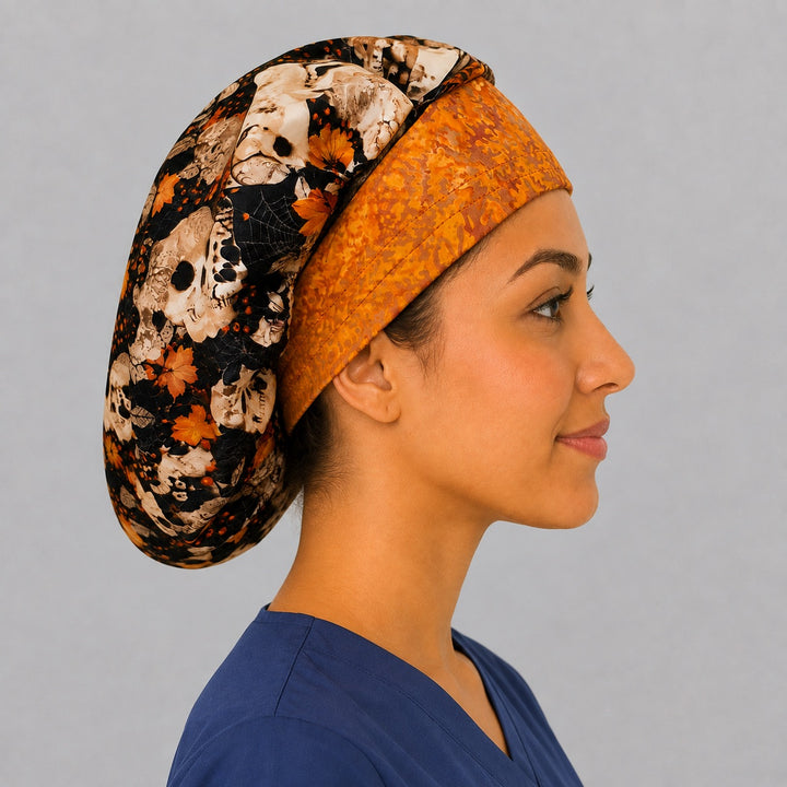 Autumn skull and spiderweb bouffant scrub cap, right side profile — full deep fit that secures long thick hair for OR nurses