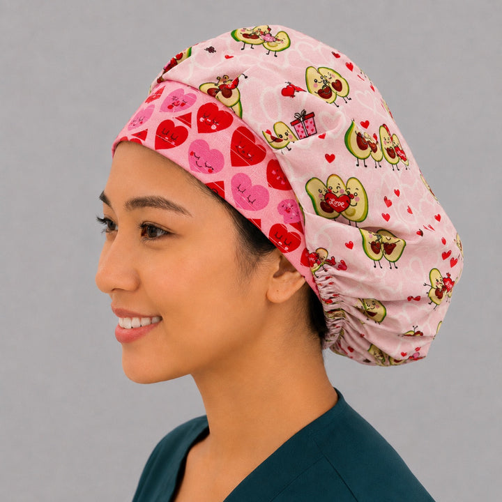 Avo My Heart bouffant cap for women, opposite side profile — avocado couples and XOXO balloons print, handmade cotton surgical cap, USA made