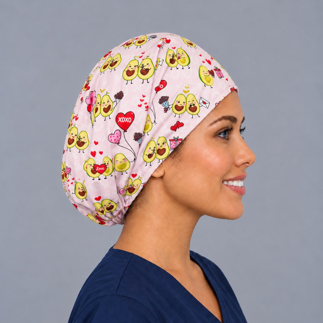 Avocado couple Euro surgical cap, right angled view — elastic adjustable back that secures long or thick hair