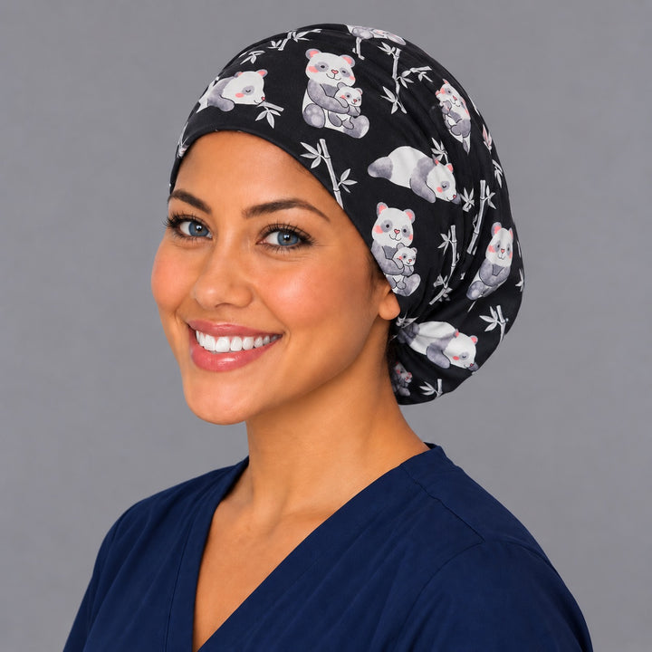 Baby panda Euro scrub cap, left angled smiling view — mama and cub print for OR nurses and vet techs