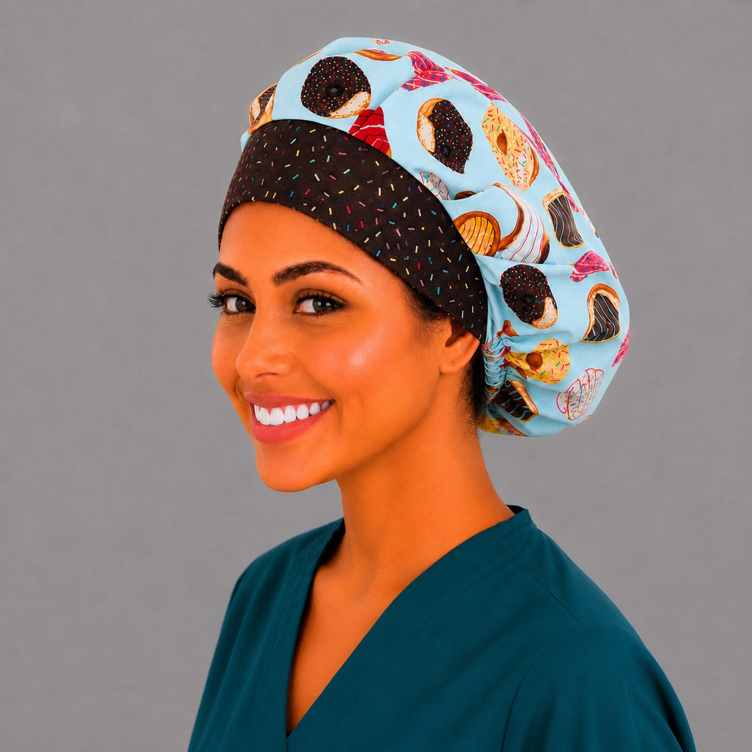 Bakery treats bouffant surgical hat, three-quarter smiling view — dessert print bouffant scrub cap for dental and OR teams, breathable cotton