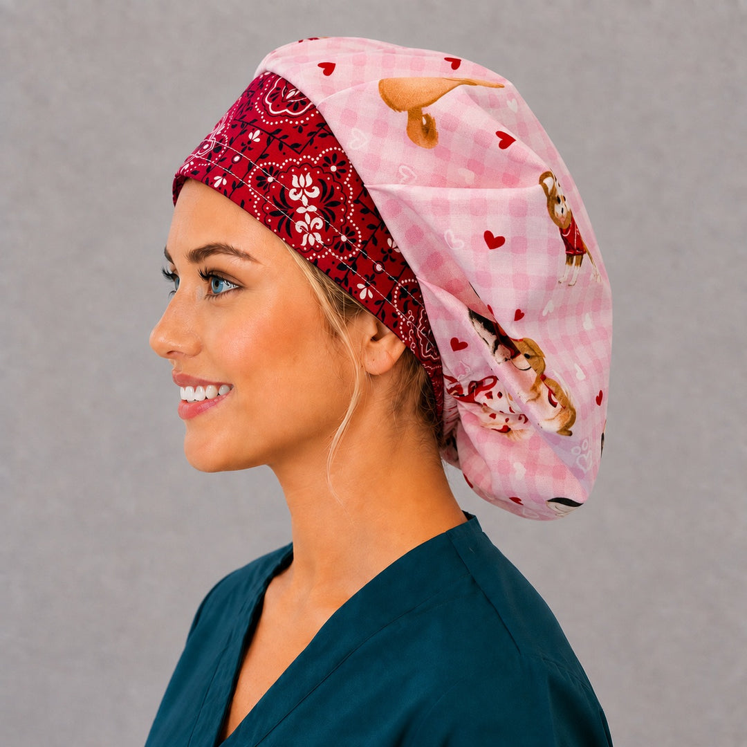 Bandana band dog bouffant scrub cap, left side profile — Valentine puppy print, a favorite with vet techs and veterinary teams