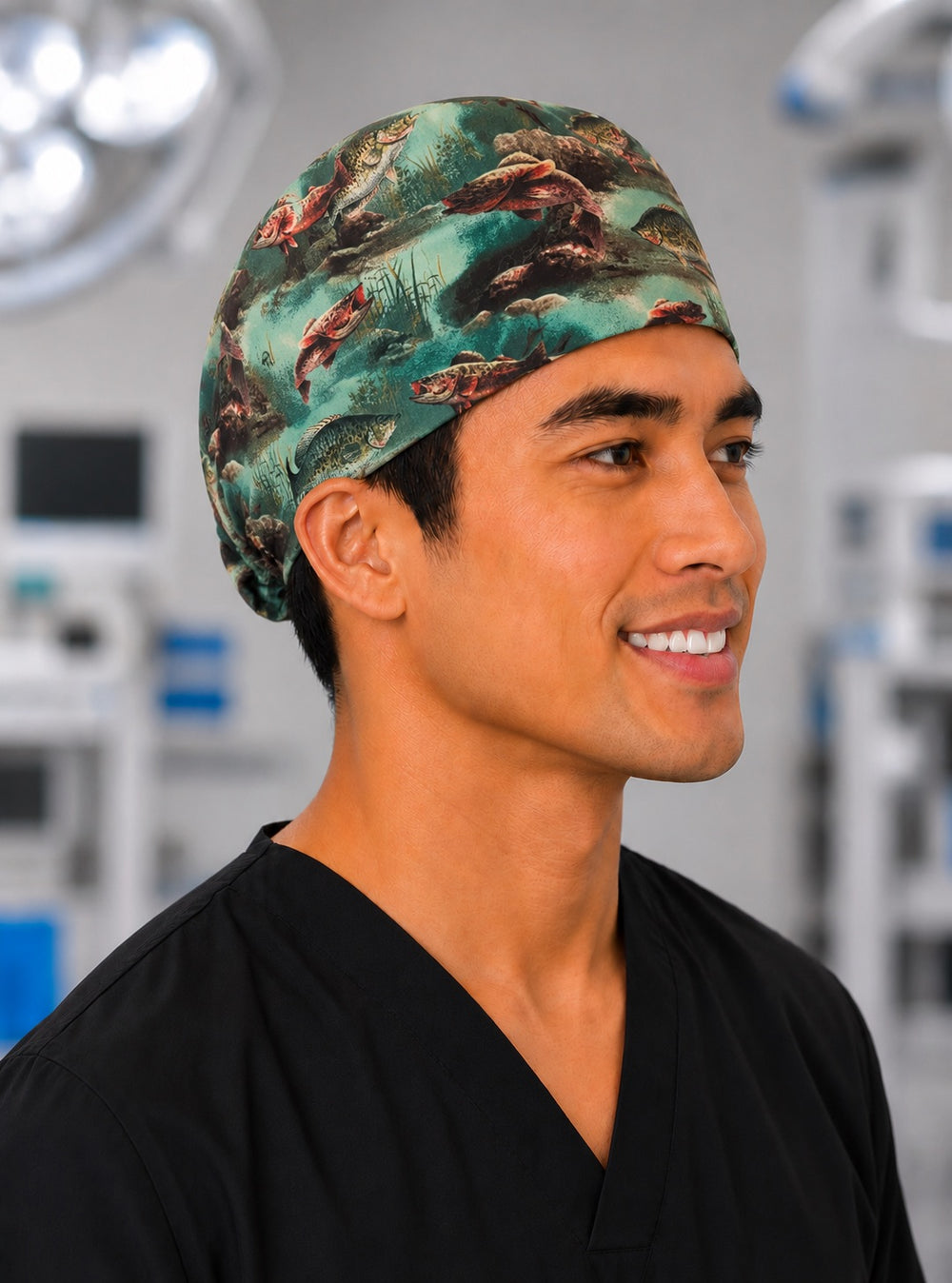 Three-quarter view of freshwater bass fishing men's tie-back scrub cap, angler OR surgical hat handmade in the USA