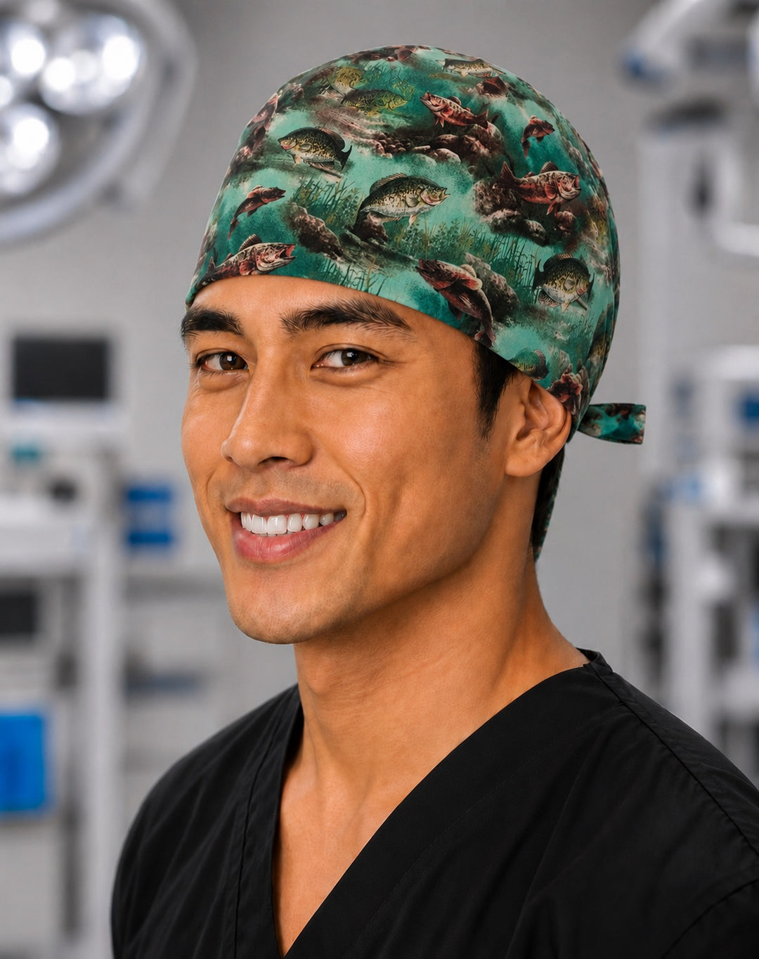 Bass and crappie freshwater fishing scrub cap, handmade men's tie-back surgical hat on male OR nurse, front view