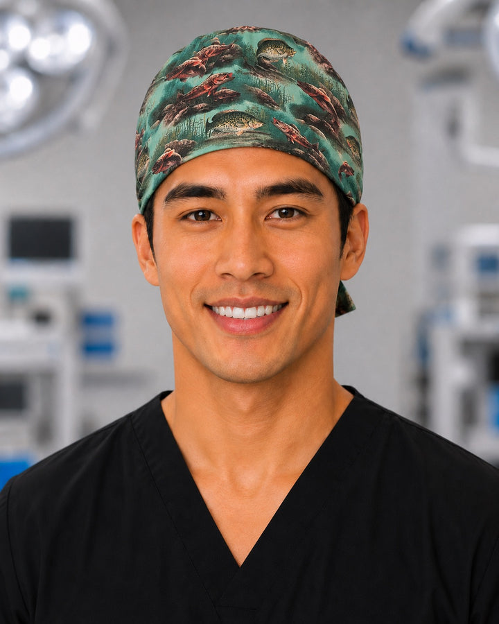 Back view of adjustable tie-back knot on bass and crappie freshwater fishing scrub cap surgical hat for men