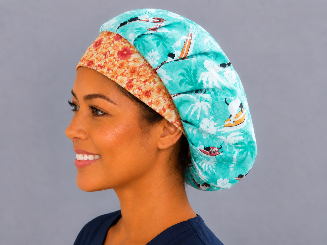 Beach dogs bouffant surgical cap, three-quarter view — surfing dog print bouffant scrub hat, great gift for veterinary teams and vet techs