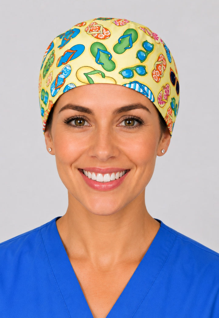Angled view of beach vacation medical cap in yellow flip flop print, summer nurse hat