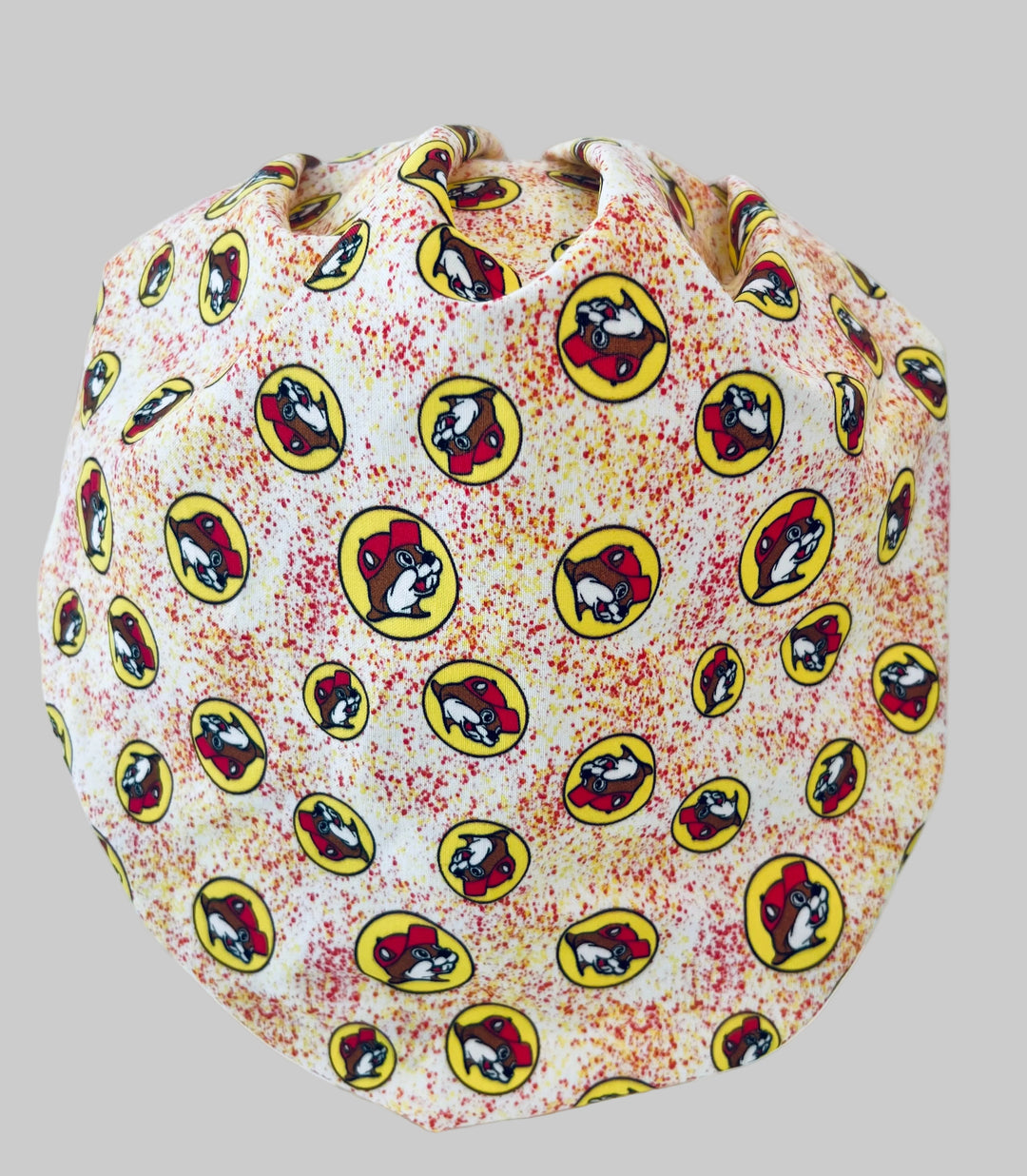 Beaver Print Bouffant Scrub Cap – Red &amp; Yellow Surgical Hat for Long Hair | Adjustable Nurse Cap-back view