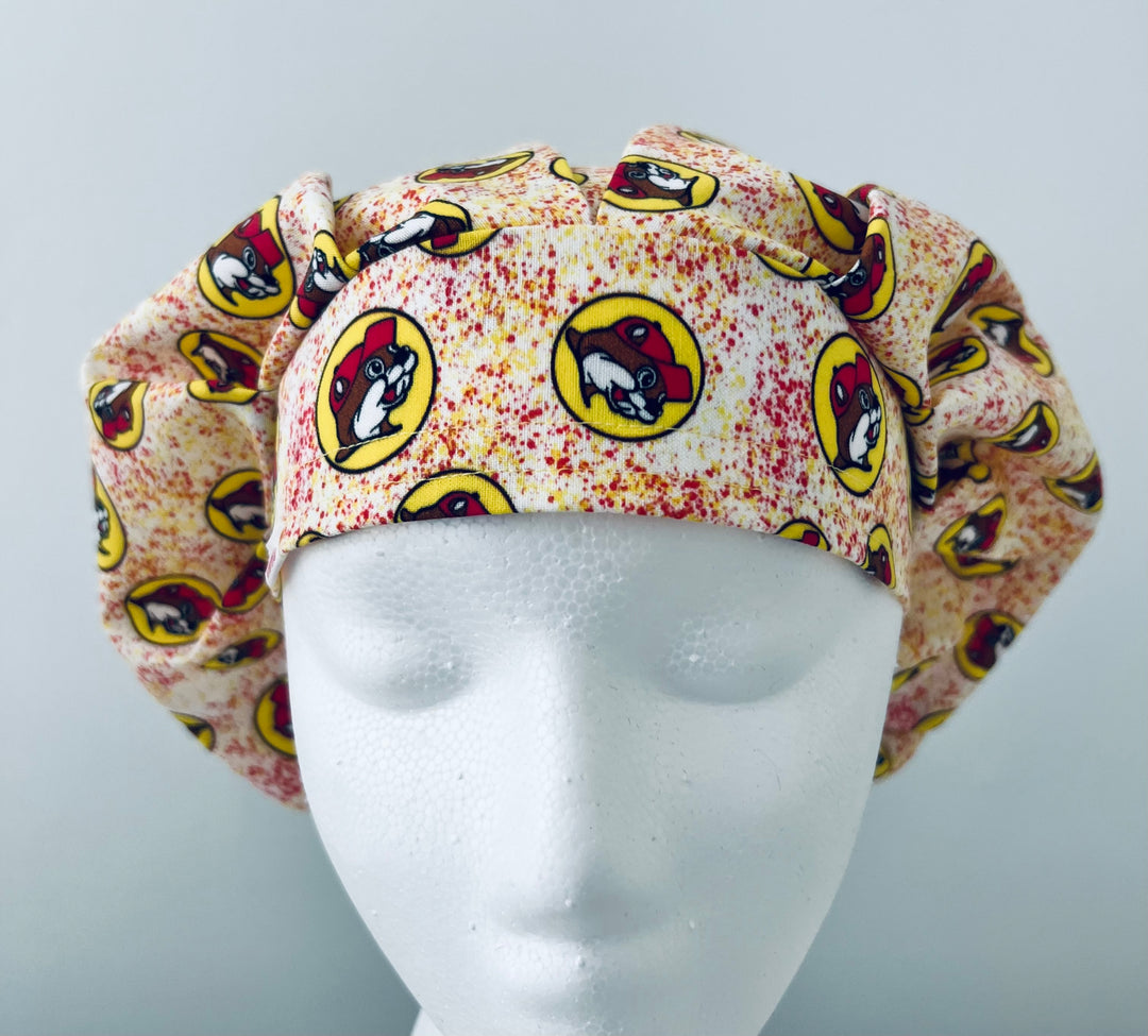 Beaver Print Bouffant Scrub Cap – Red &amp; Yellow Surgical Hat for Long Hair | Adjustable Nurse Cap-front view