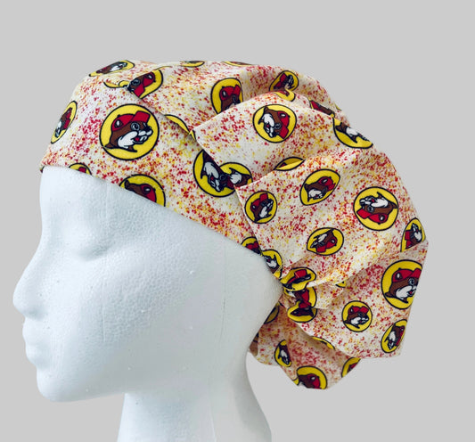 Beaver Print Bouffant Scrub Cap – Red & Yellow Surgical Hat for Long Hair | Adjustable Nurse Cap-left side view