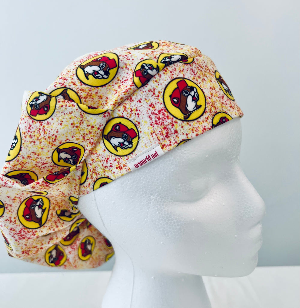 Beaver Print Bouffant Scrub Cap – Red & Yellow Surgical Hat for Long Hair | Adjustable Nurse Cap-right side view
