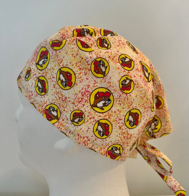 Beaver Print Scrub Cap – Fun Red &amp; Yellow Surgical Cap | Adjustable Tie Nurse Hat | left side view