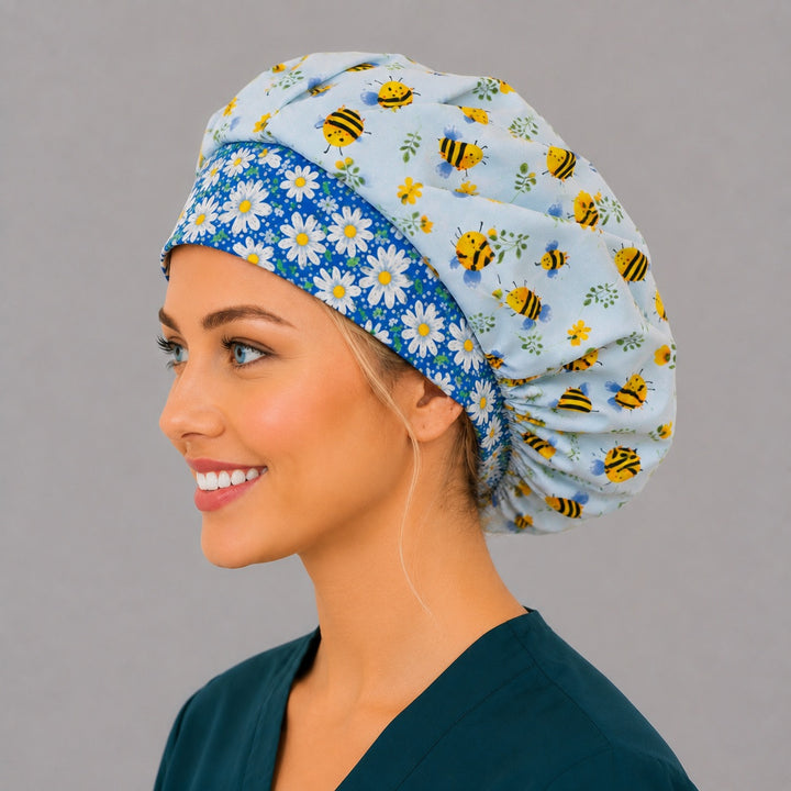 Profile view of the bee and daisy bouffant scrub cap — adjustable elastic roomy cap that secures long thick hair for spring-loving nurses