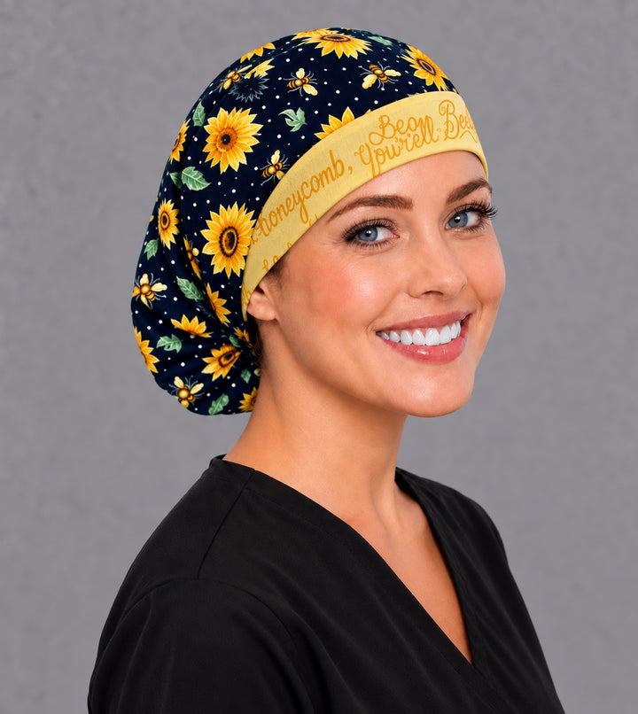 Bee Grateful Euro surgical hat, right angled smiling view — handmade sunflower and honeybee cap, USA made