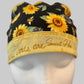 Profile view of Bee Grateful sunflower ponytail scrub cap — handmade-in-USA surgical hat with ponytail pouch, gift for nurses & sunflower lovers.