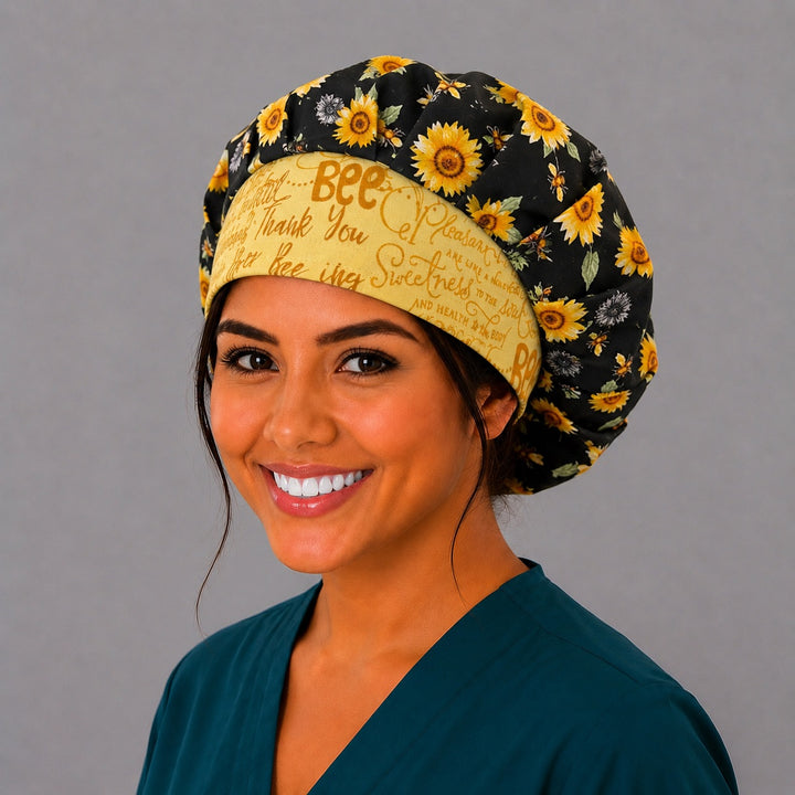 Bee Grateful sunflower bouffant scrub cap right side profile showing sunflowers, honeybees on black and yellow script band, OR World nurse hat