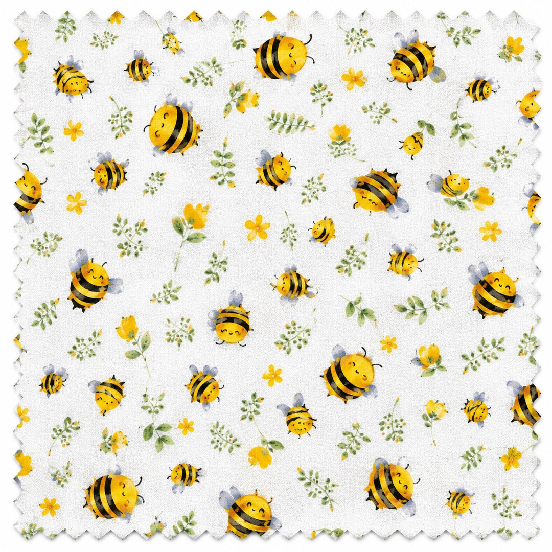Bee Happy Blooms fabric print swatch — cartoon honeybees, yellow flowers and greenery on white cotton for OR World handmade scrub caps.