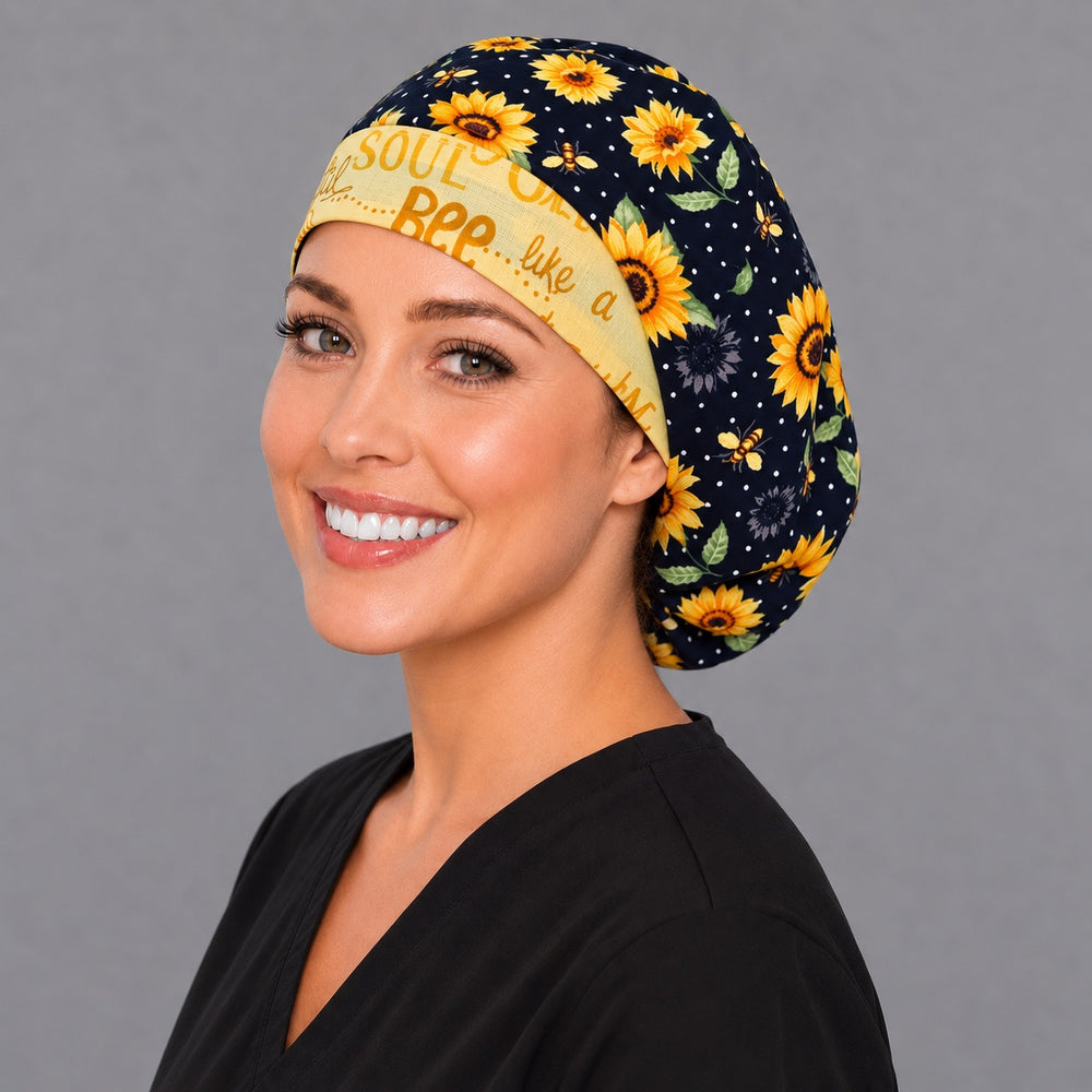 Bee Yourself sunflower Euro scrub cap, right side profile — yellow band lettering for surgical techs and L&D nurses