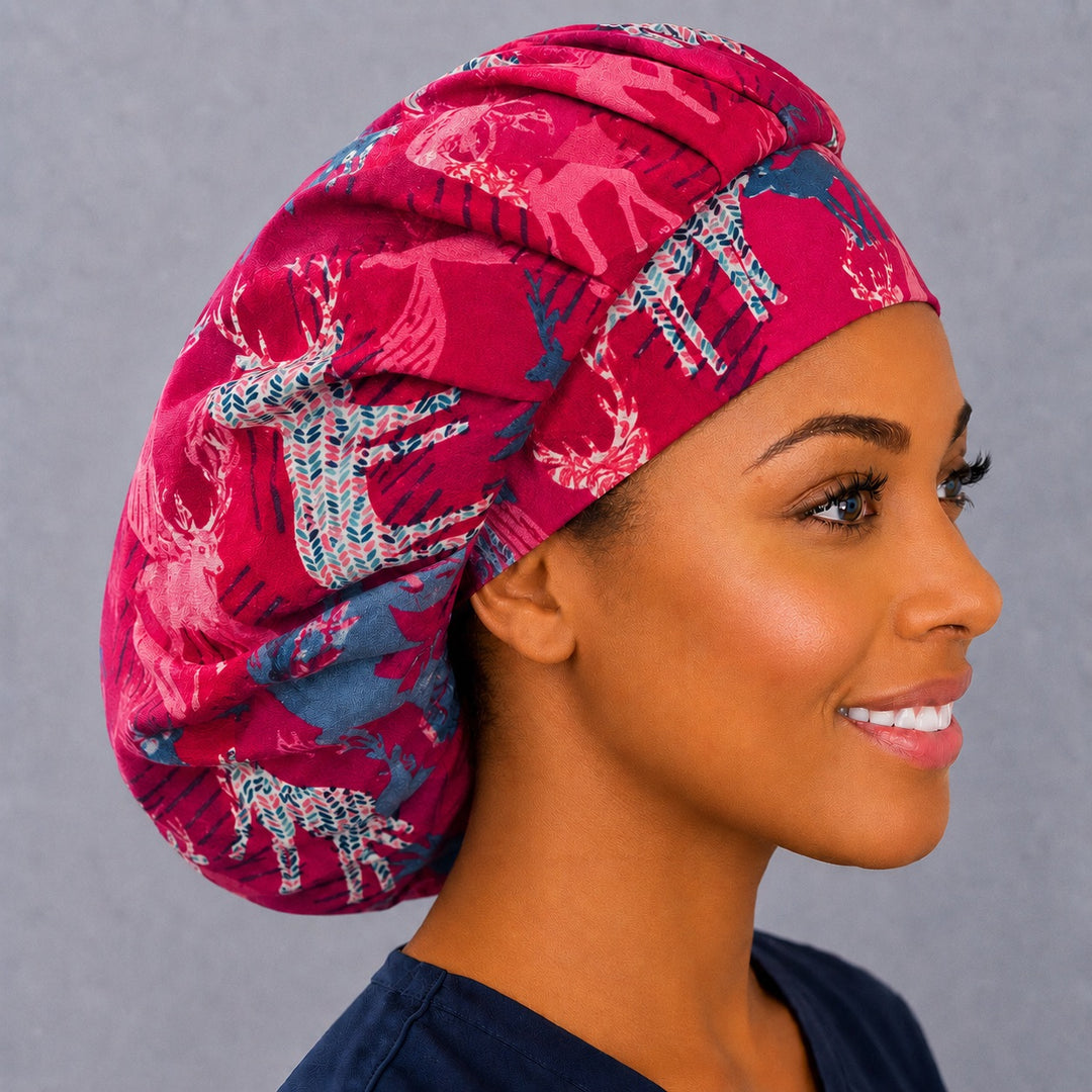 Right side profile of the berry pink deer bouffant surgical hat — woodland stag print, roomy breathable cotton cap for nurses