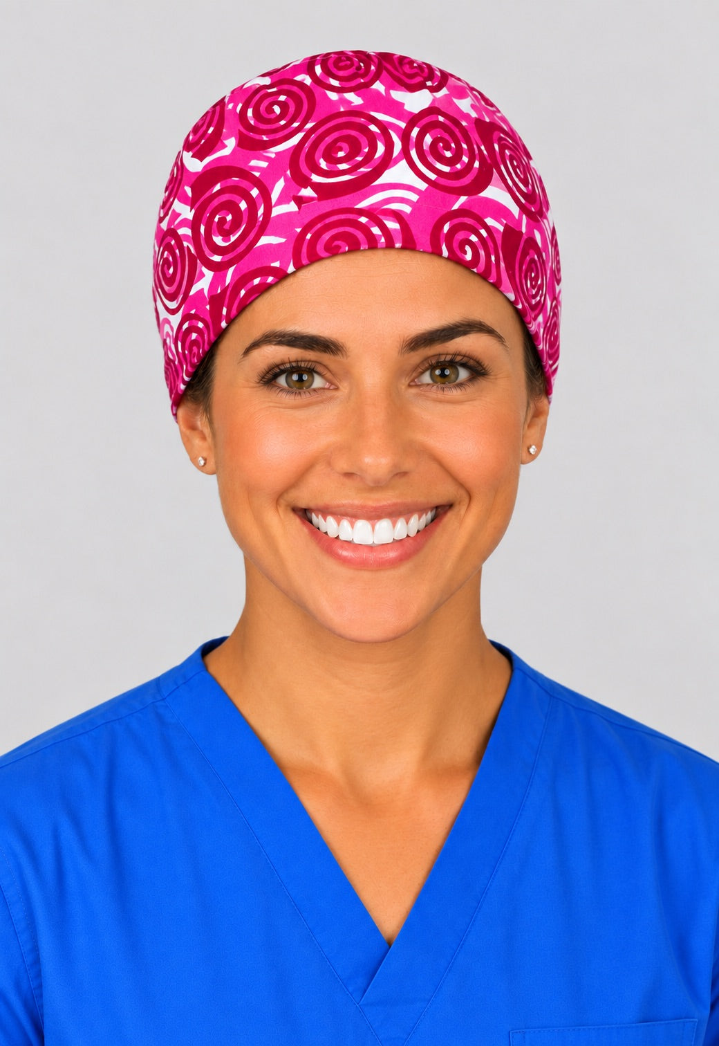Berry pink swirl scrub cap in left angled view, Valentine gift for labor and delivery teams and midwives
