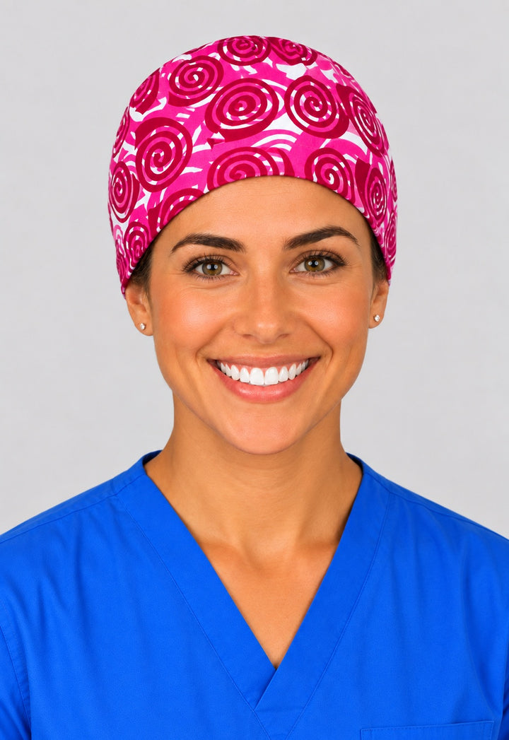 Berry pink swirl scrub cap in left angled view, Valentine gift for labor and delivery teams and midwives