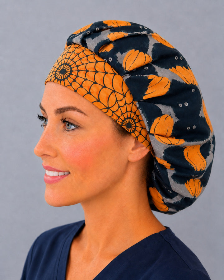 Black cat Halloween bouffant scrub cap, opposite side profile — roomy elastic-back cap that secures long thick hair for vet techs and OR staff