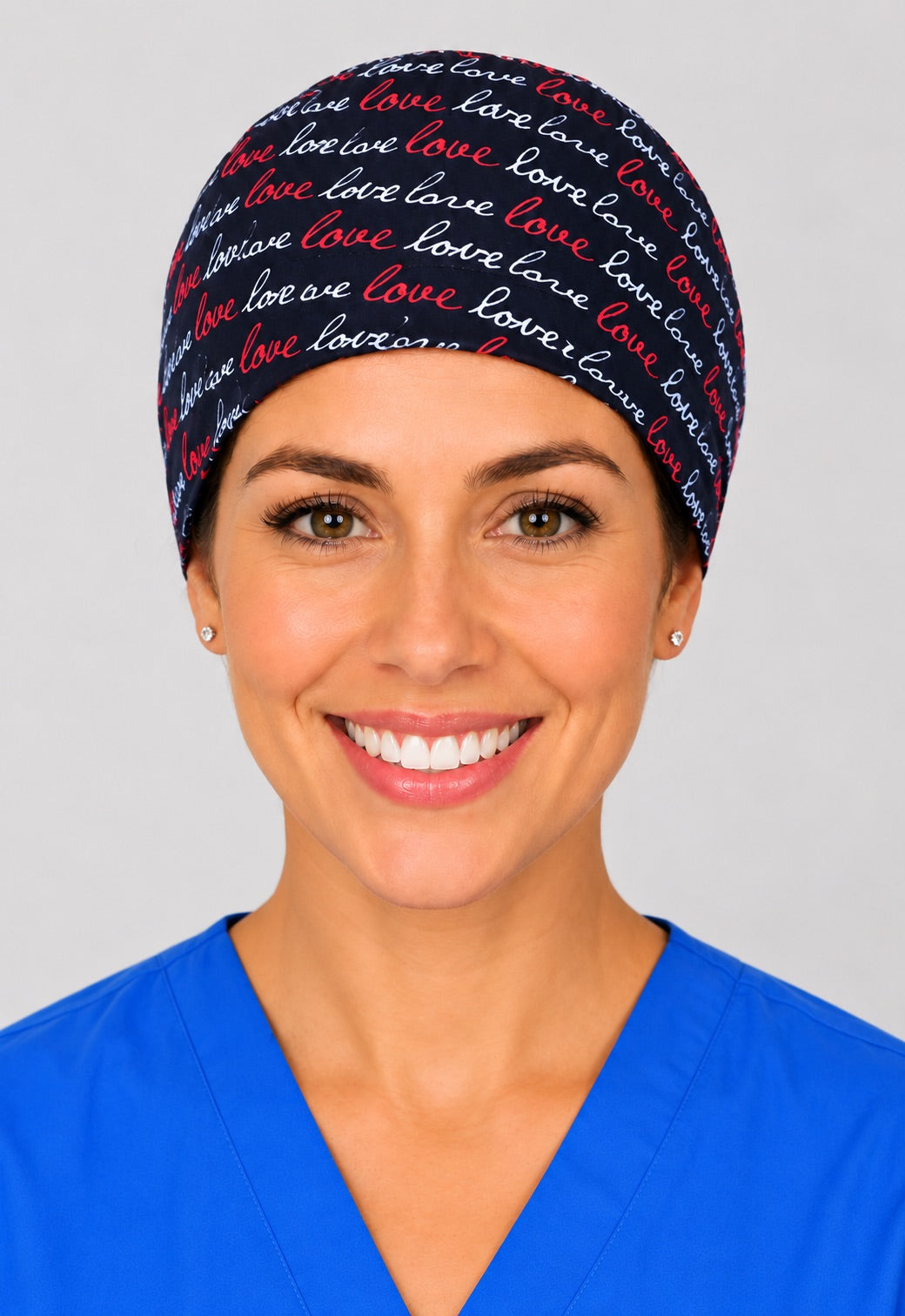Black love word scrub cap in left angled view, Valentine gift for x-ray techs and surgeons