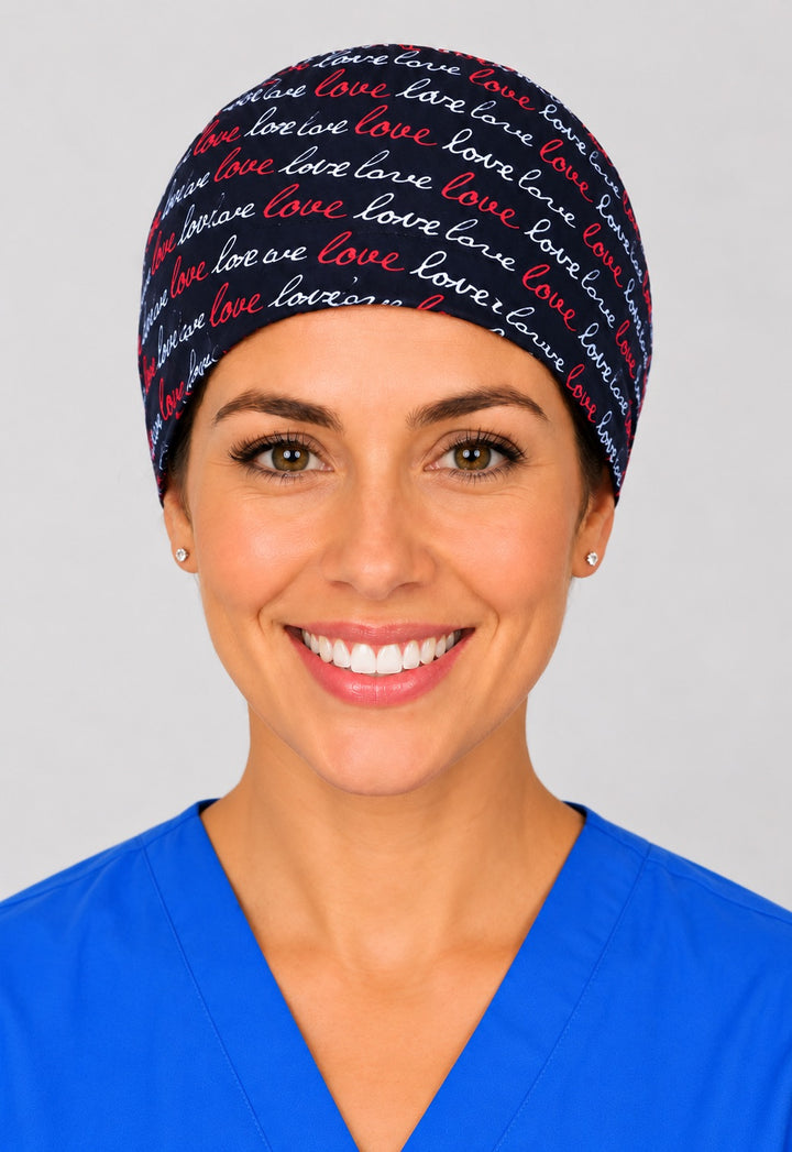 Black love word scrub cap in left angled view, Valentine gift for x-ray techs and surgeons