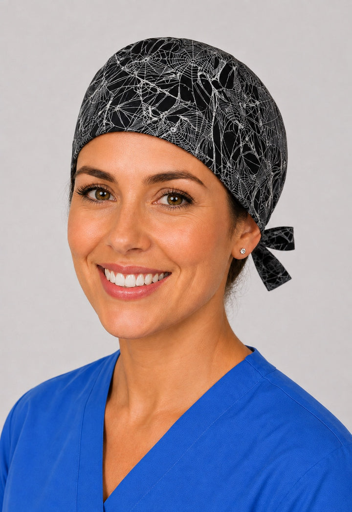 Three-quarter view of black and white spiderweb unisex adjustable surgical hat for nurses and surgical techs