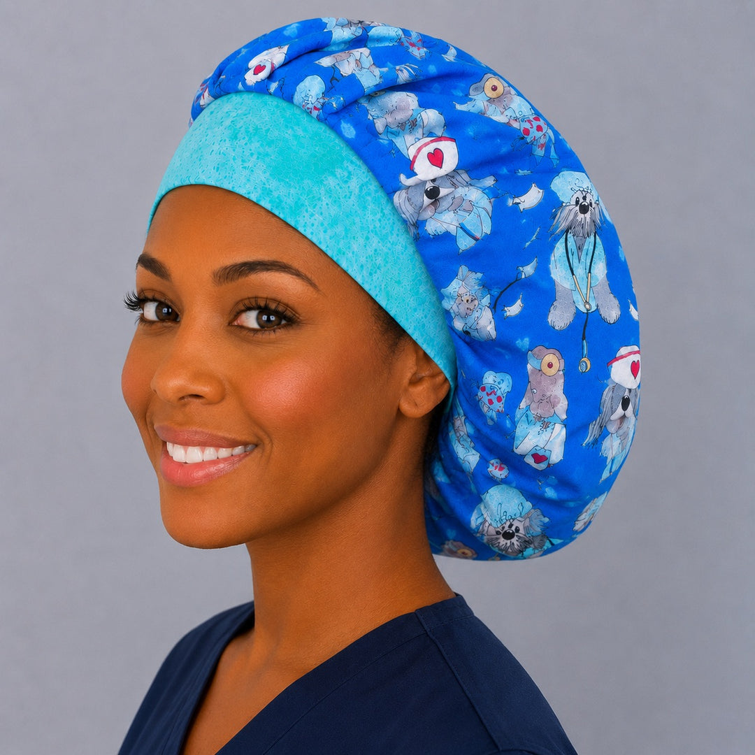 Blue dog nurse bouffant scrub cap, opposite side profile — roomy elastic-back cap that secures long thick or braided hair
