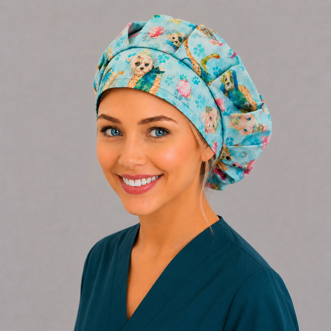 Blue dogs bouffant surgical cap angled smile — colorful puppy print roomy cap, a dog-lover gift for nurses and vet techs