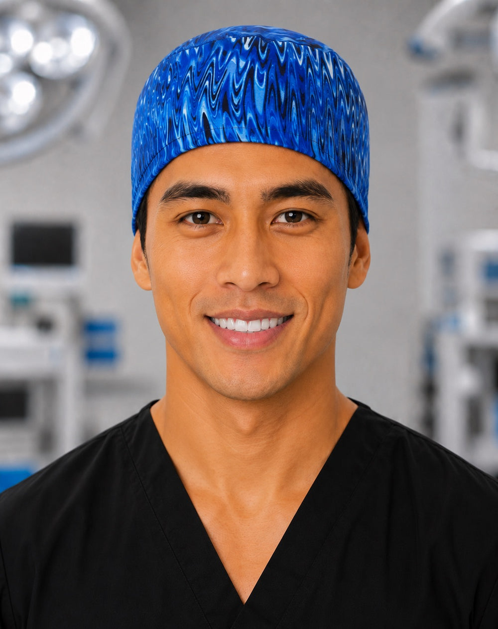 Blue electric wave scrub cap in bright blue and white abstract print, handmade men's tie-back surgical hat on male OR nurse, front view
