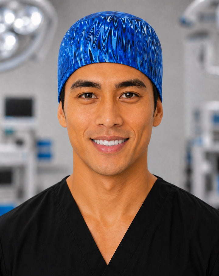 Blue electric wave scrub cap in bright blue and white abstract print, handmade men&