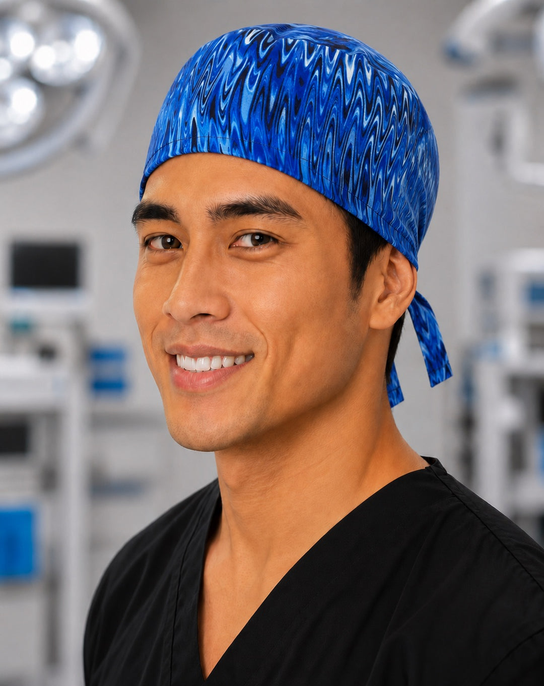 Three-quarter view of blue electric wave men's tie-back scrub cap, abstract OR surgical hat handmade in the USA