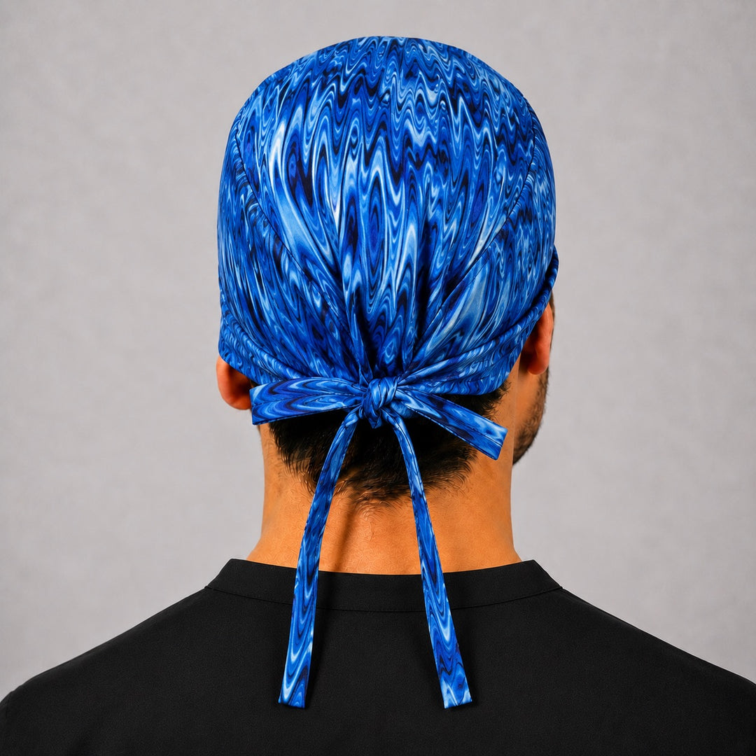 Back view of adjustable tie-back knot on blue electric wave scrub cap surgical hat for men