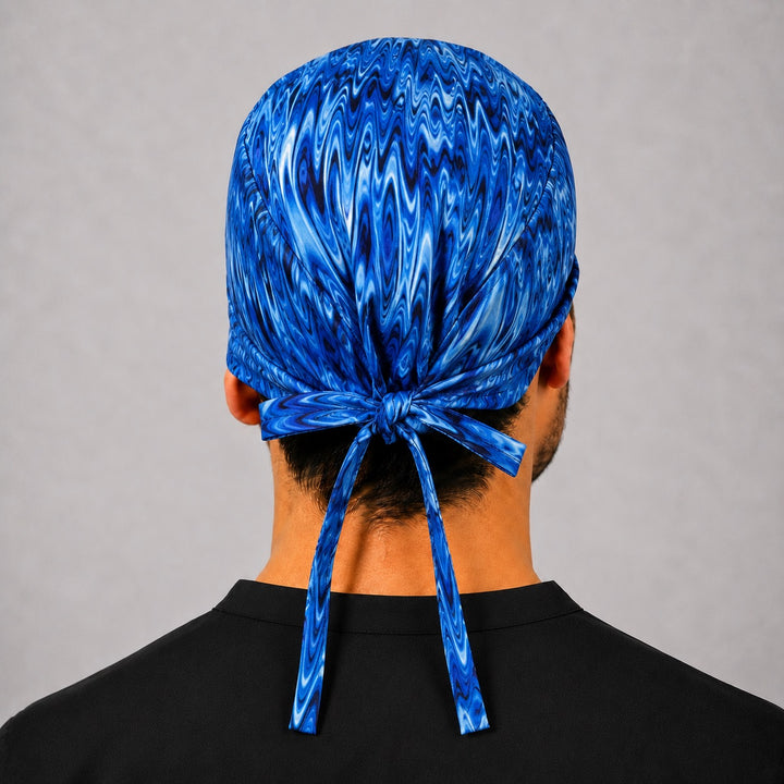 Back view of adjustable tie-back knot on blue electric wave scrub cap surgical hat for men