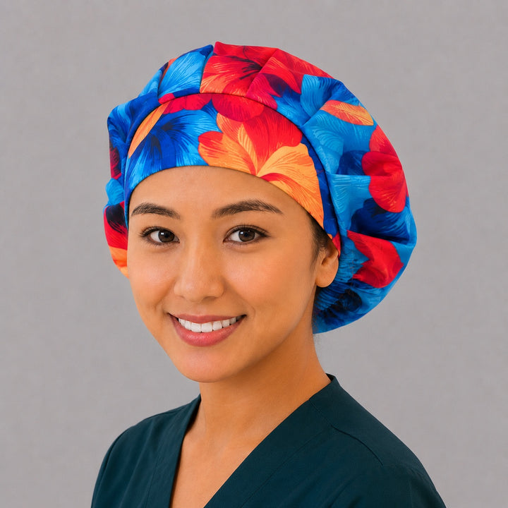 Blue and orange Hawaiian hibiscus bouffant scrub cap right side profile showing blue and orange hibiscus flowers, women&
