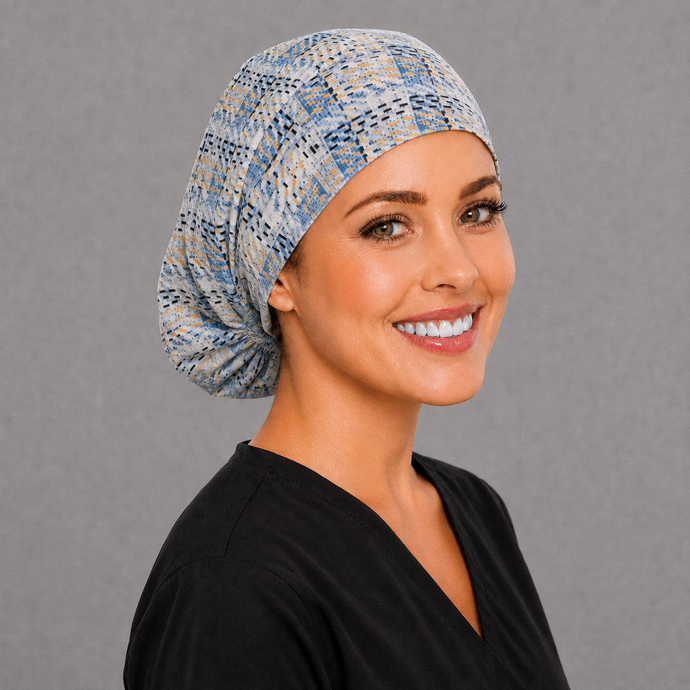 Blue plaid Euro scrub cap, left angled view — spring and summer neutral print for healthcare teams