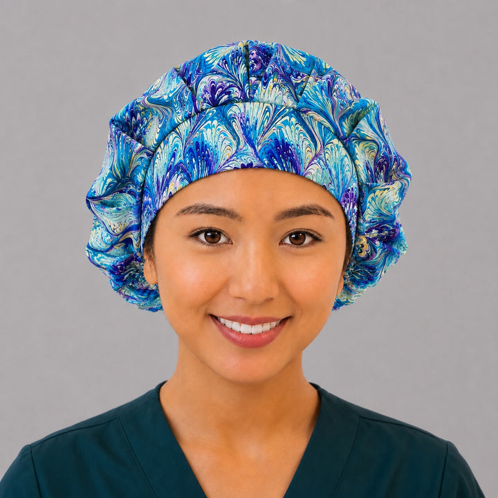 Blue and purple ripples bouffant scrub cap right side profile showing marbled peacock swirl print in blue purple and gold, women&