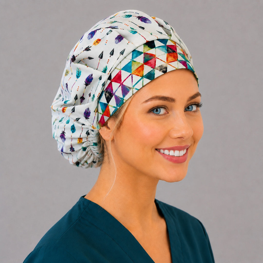 Boho arrow bouffant surgical cap for long hair, right angled view — deep gathered fit that secures thick or braided hair