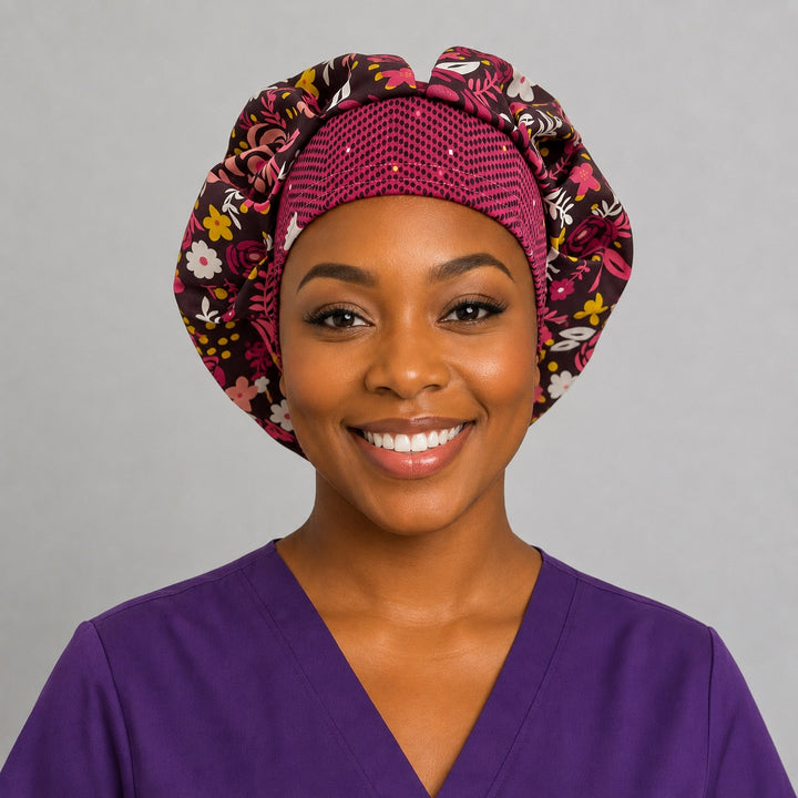 Woman wearing a bold brown floral bouffant scrub cap, front view — hot pink, red and blush roses on black with magenta band, adjustable women&