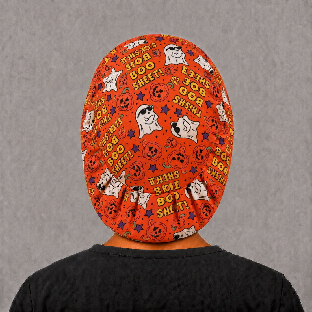 Back view of the Boo Sheet Euro scrub cap — full coverage showing ghosts, jack-o&