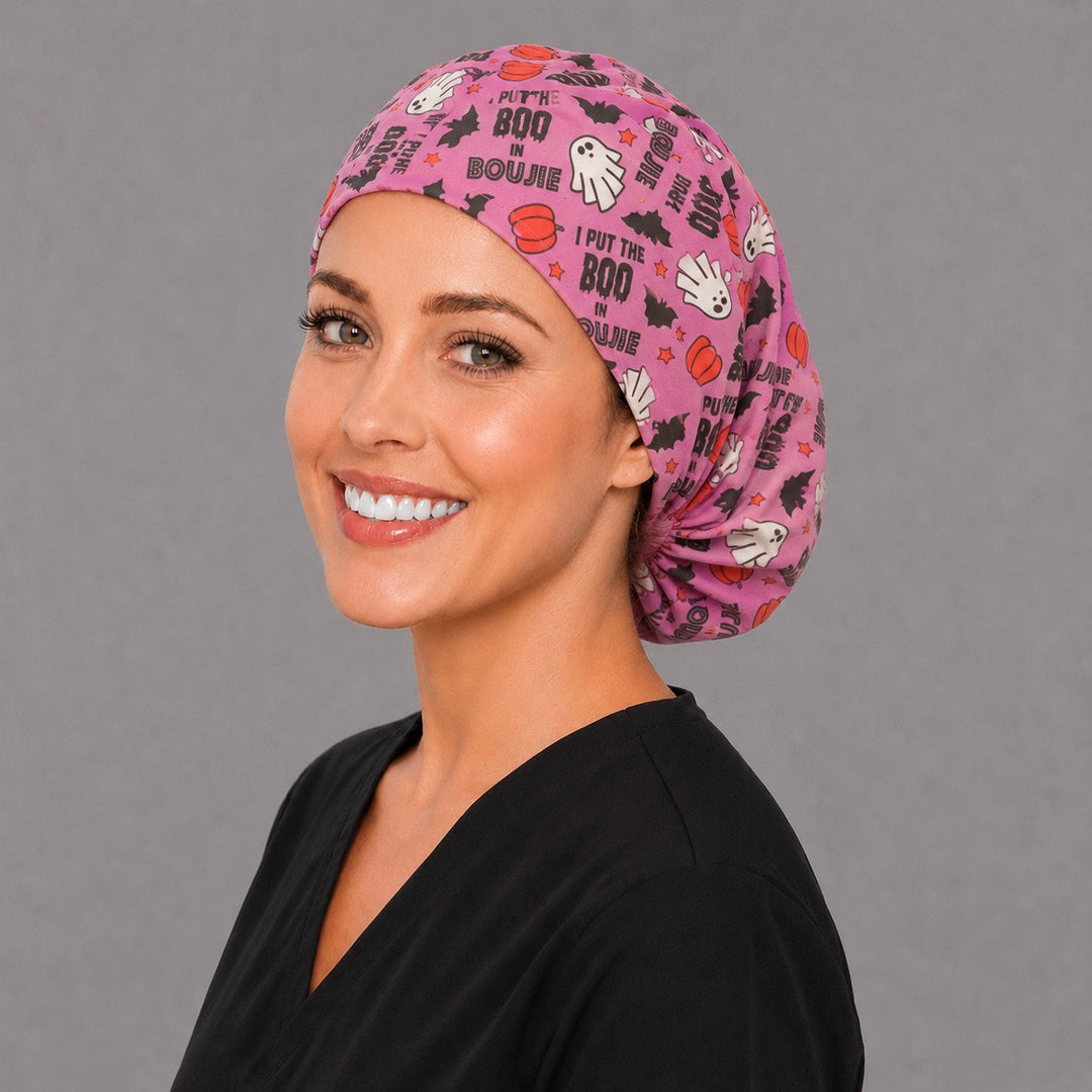 Boujie Boo Euro cap for women, left angled view — orchid pink Halloween print for OR nurses and surgical techs
