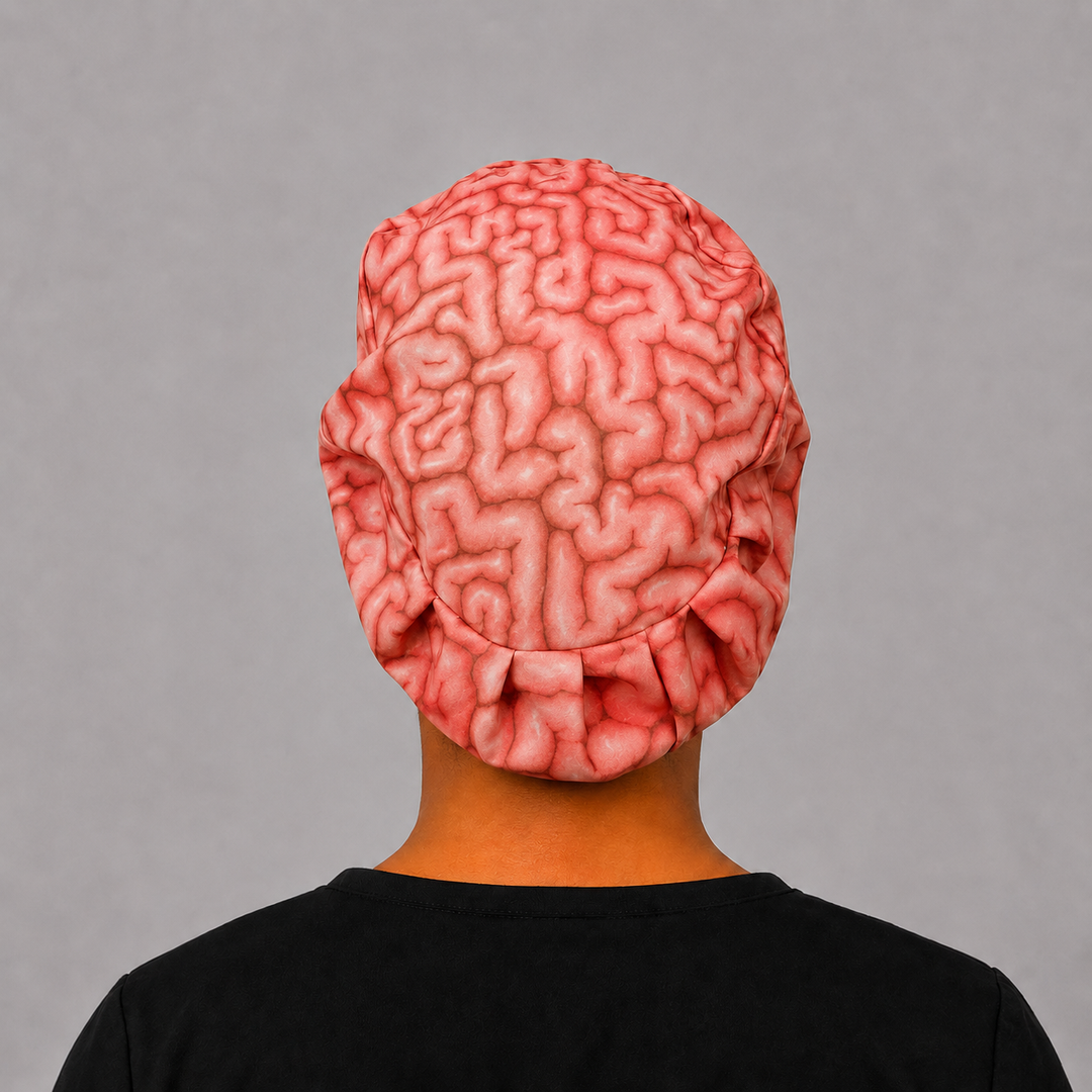 Brain anatomy Euro scrub cap, back view showing full red brain print and elastic fit, neuro surgical hat, OR World