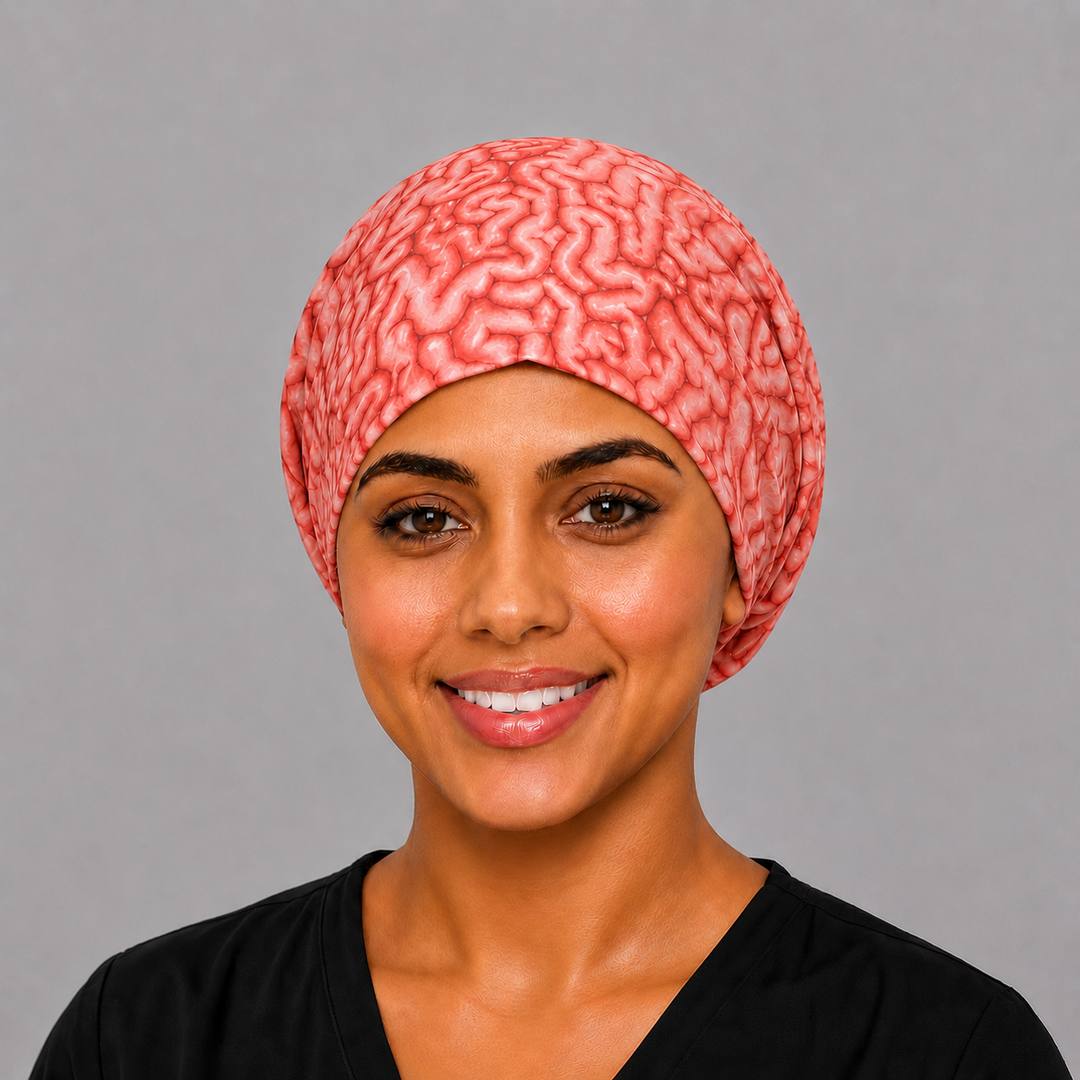 Brain anatomy Euro scrub cap on smiling model, front view, red brain print surgical hat for neuro nurses and neurosurgeons, OR World