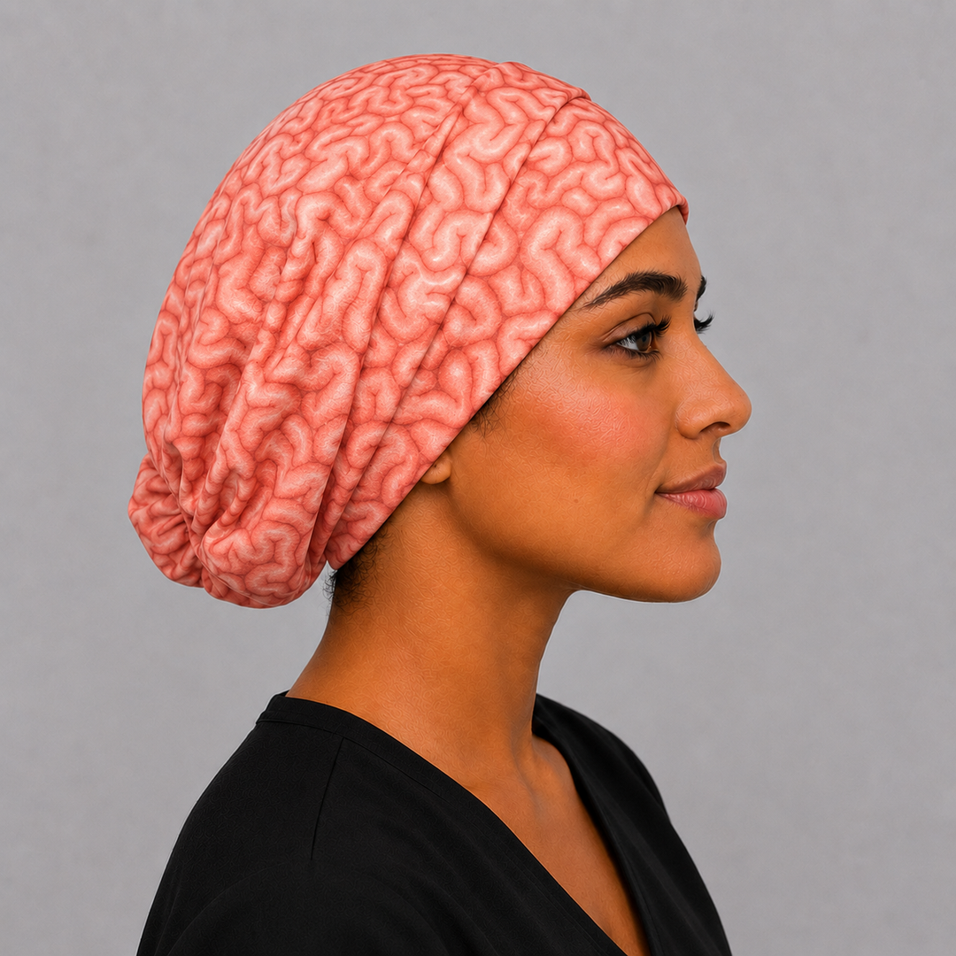 Brain anatomy Euro scrub cap on model, left side profile, neuroanatomy print neuro surgical hat, OR World