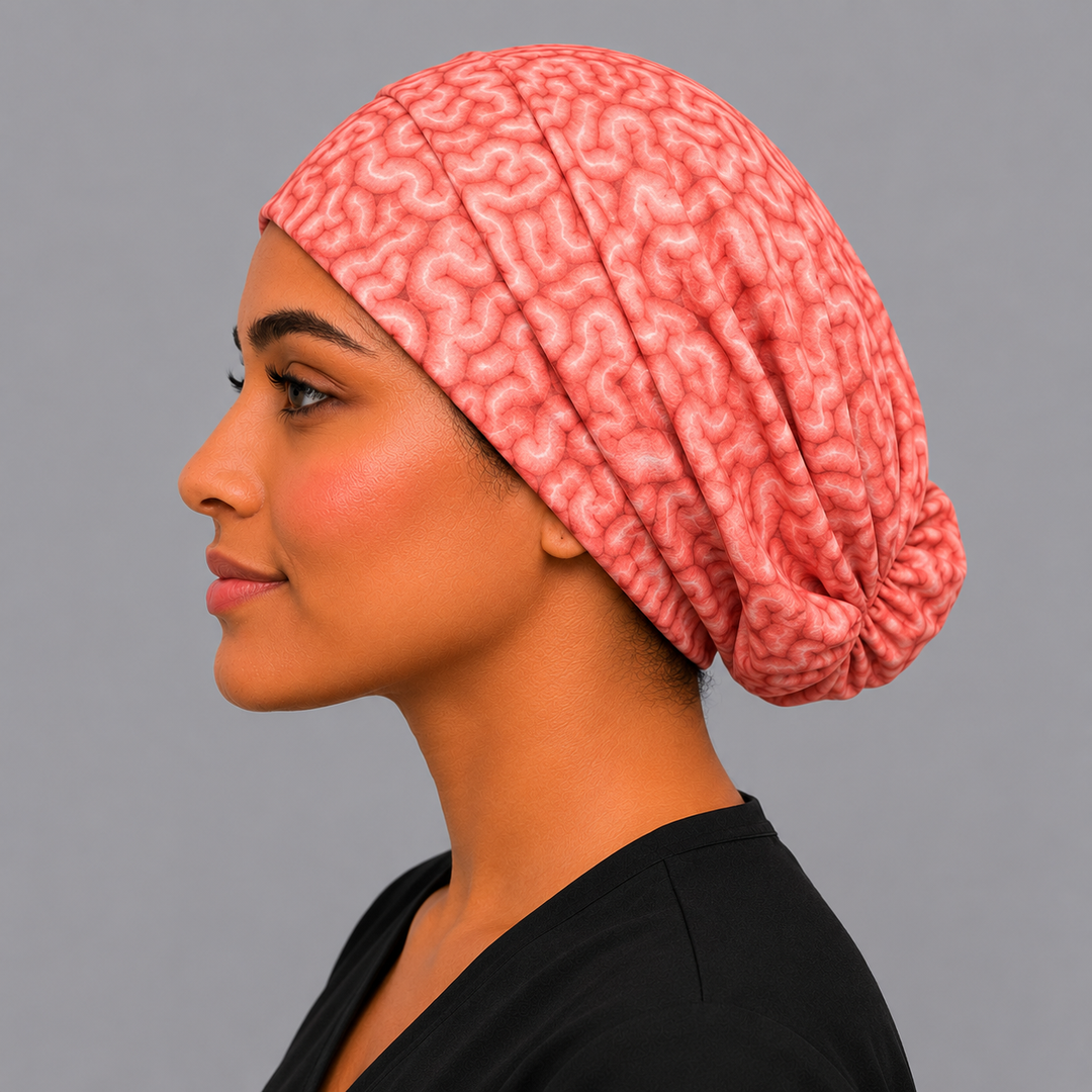 Brain anatomy Euro scrub cap on model, right side profile showing adjustable elastic back, neuro surgical hat, OR World