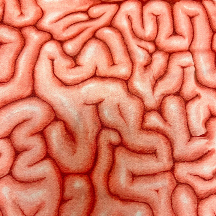 Brain anatomy neuro scrub cap fabric swatch close up, detailed red brain print cotton, OR World