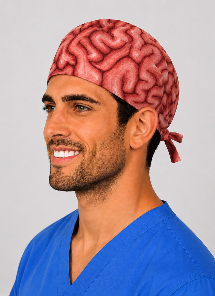 Side profile of the brain anatomy neurosurgery scrub cap showing the realistic brain print and tie closure